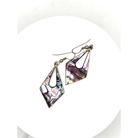 Vintage Purple Abalone Shell Sterling Earrings 2.5" marked Alpaca Mexico - Picture 6 of 6